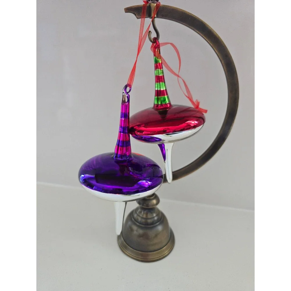 Set of 2 Striped Hand Blown Glass Finial Ornaments  Whimsical New